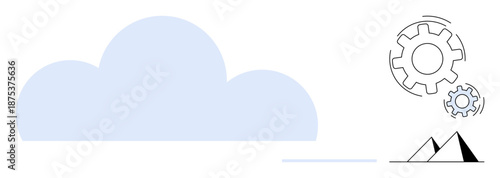 Cloud computing, data storage, workflow optimization, automation, technology systems, engineering solutions. Abstract cloud shape with gears and geometric elements. Cloud computing and data storage