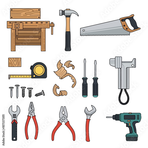 Woodworking Tools Collection: Workbench, Saw, Hammer, Drill, Screwdrivers, Pliers, Wrench
