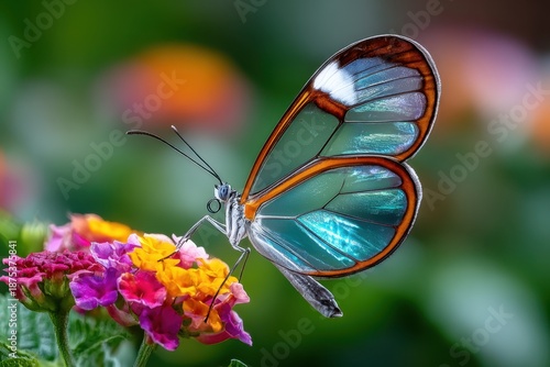 Beautiful glasswing butterfly resting on colorful flowers in a vibrant garden setting