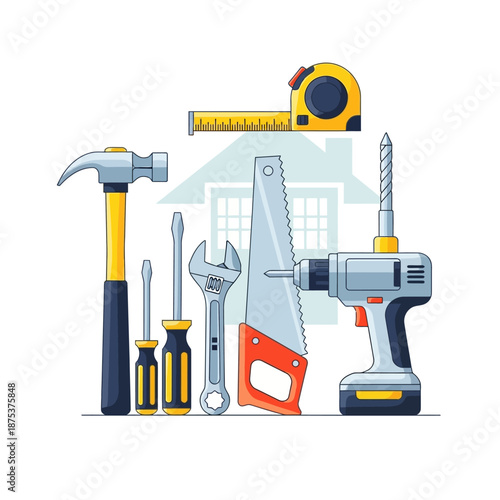 DIY Home Renovation Toolkit: Hammer, Saw, Drill, Screwdriver, Wrench, Tape Measure