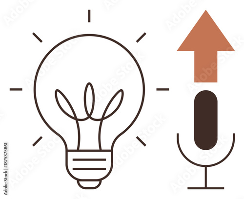 Innovation, podcasting, creativity, audio content creation, media growth, digital strategy. A light bulb and microphone with an upward arrow. Innovation and podcasting illustrated simply