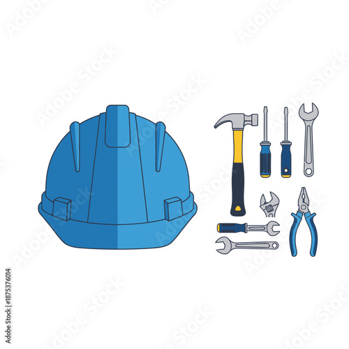 Blue Hard Hat and Assorted Tools
