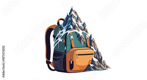 Vibrant backpack and mountain peak illustration for adventure travel, Generative AI.