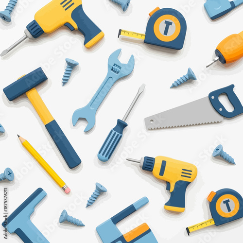 Construction Tools Pattern: Screwdriver, Hammer, Saw, Drill, Wrench, Measuring Tape