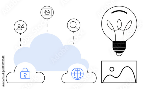 Technology trends, cloud computing, online networking, data security, creative thinking, media services. Clouds with security and internet icons, light bulb multimedia. Cloud computing and creative