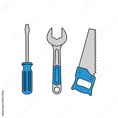 Collection of Hand Tools: Screwdriver, Wrench, and Saw on White Background