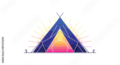 Vibrant teepee at sunset with colorful rays shining behind, Generative AI.