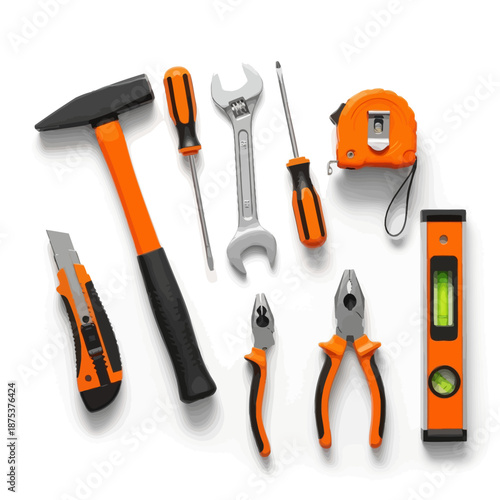 Set of orange and black tools for repair and construction on a white background