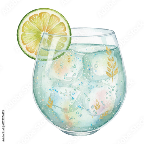 Diamond Gin Fizz Cocktail Watercolor Vector Illustration with Lime and Bubbles on White Background
