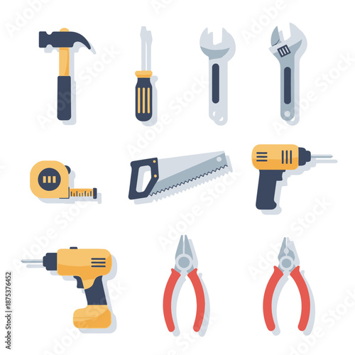 Collection of Flat Design Tools: Hammer, Screwdriver, Wrench, Saw, Drill, Pliers