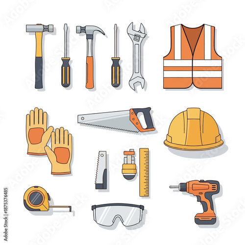 Construction tools and safety equipment set, flat design illustration