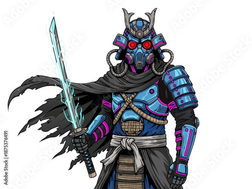 Futuristic samurai illustration with glowing sword and armor standing in a dark environment
