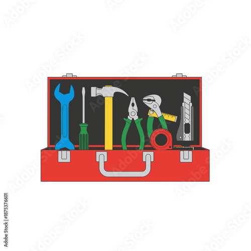 Open Red Toolbox Filled with Assorted Tools: Hammer, Pliers, Wrench, Screwdriver, Cutter, Tape Measure
