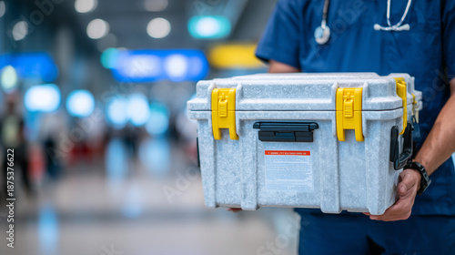 Close-up of a healthcare professional holding a secure organ transport cooler, hospital hallway blurred in background, careful handling, concept of transplantation and life-saving