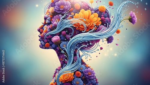Symbolic Representation of Self-Care and Rejuvenation: Floral Female Silhouette with Refreshing Water Drops