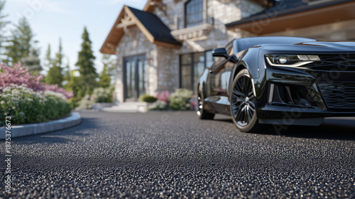 Automobile-ready rubber crumb driveway stretching toward a country house, realistic texture and slight reflectivity on tiles, landscaped garden along edges, natural daylight
