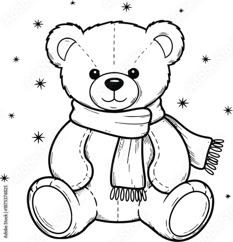 Cute teddy bear sitting with scarf and stars around