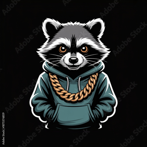 Cool raccoon mascot in blue hoodie with chunky gold chain urban cartoon character with confident stare for esports team logo streetwear branding sticker pack and social avatar profile badge