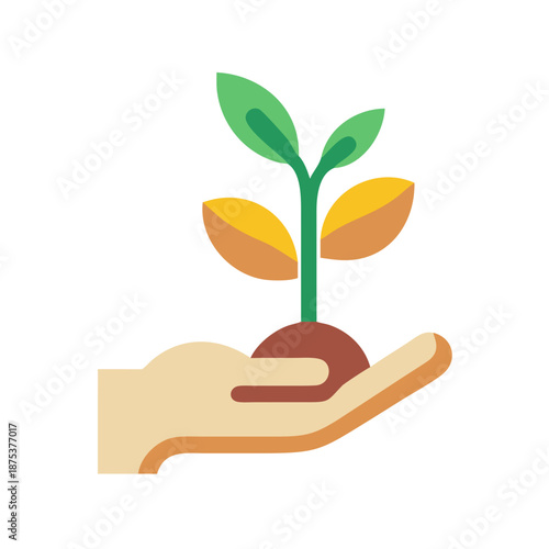 Colorful illustration of a seedling held in a hand, symbolizing care for nature