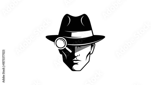 Detective Face with Magnifying Glass and Fedora Hat Illustration.