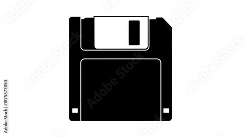 Isolated black floppy disk icon on white background, vintage technology.