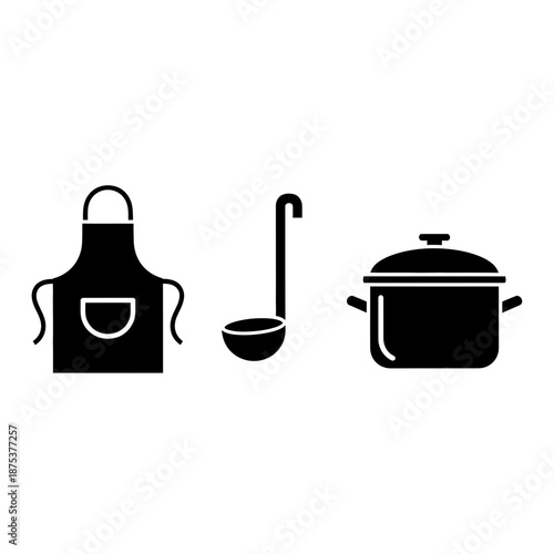 Black kitchen icons set with apron and pot