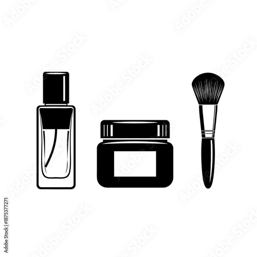 Black and white icons of beauty products and makeup brush