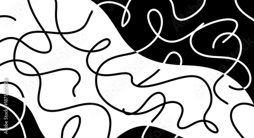 Abstract black and white illustration with tangled lines creating a dynamic pattern