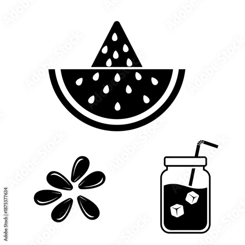 Refreshing summer icons including watermelon and cold drink