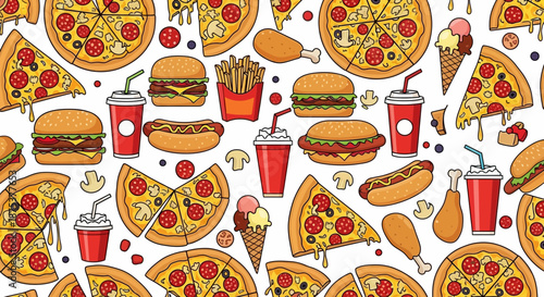 Cartoon fast food pattern featuring pizza burgers hotdogs fries and drinks on white background
