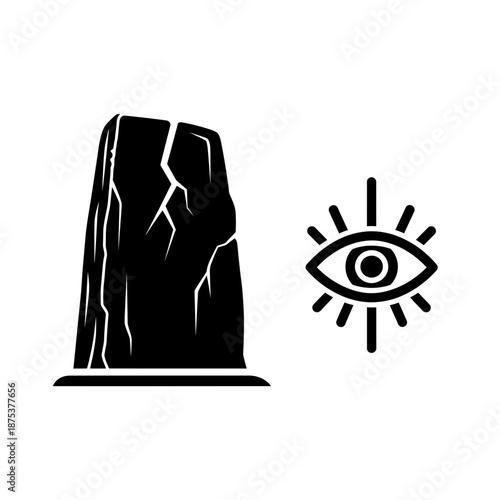 Mysterious ancient stone monument with all seeing eye symbol nearby