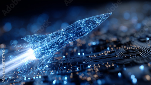 Blue glowing wireframe missile hovering over a dark circuit board background, intricate engineering details highlighted, futuristic cyber military technology concept, high-tech wea