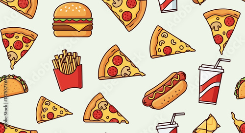 Cartoon style fast food pattern featuring pizza burger tacos hotdog and french fries