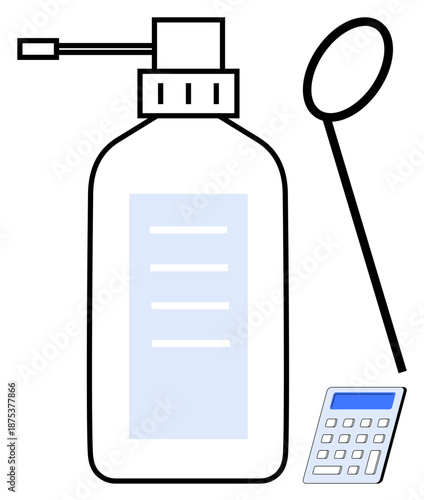 Healthcare, cleanliness, personal hygiene, sanitation, prevention, numerical tracking. A sanitizer bottle with pump, calculator and looped hygiene tool. Cleanliness and healthcare concept for safety