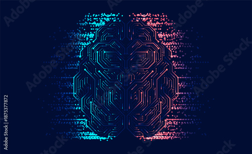 Glowing digital brain made of circuit lines with blue and pink particle data effect on dark background