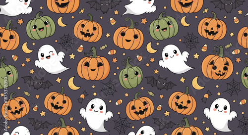 Cute Halloween Pattern with Pumpkins Ghosts Bats Moons and Stars Festive Celebration