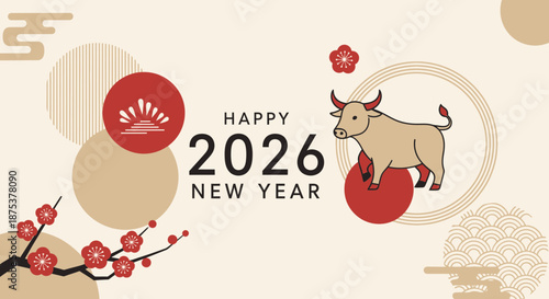 Elegant and modern design for Chinese New Year 2026 featuring an ox and festive geometric patterns