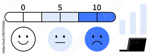 Customer feedback. Customer feedback scale satisfaction levels with happy, neutral, and unhappy icons. Features satisfaction analysis, customer rating, and data tracking for services and apps