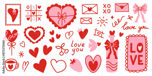 Set of hand drawn elements for Valentines day. Cute bows, hearts, ribbons, heart frame, strawberry, bird, cherry and bottle. Vintage elegant vector illustration. Pink and red colors