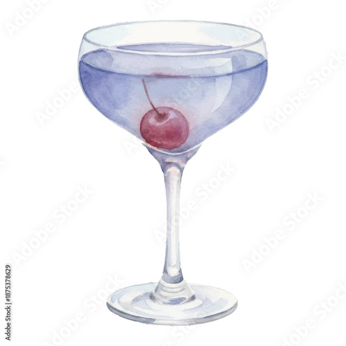 Aviation Sky Blue Cocktail Watercolor Vector Illustration with Cherry Garnish on White Background
