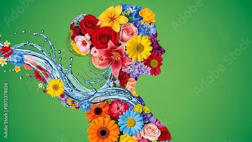 Symbolic Representation of Inner Beauty and Freshness: Woman Profile Silhouette Composed of Various Blossoms