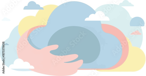 Abstract illustration of hands gently embracing a large cloud, symbolizing secure data management and digital protection in a serene environment