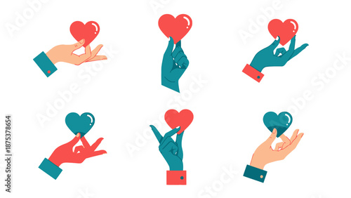 Hands Holding Hearts Collection. Set of six flat design vector illustrations symbolizing love, giving, care, and sharing. Isolated on white background.