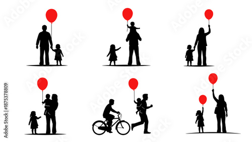 Parents and Children Silhouettes Set with Red Balloons. Father and Motherhood Vector Icons, featuring activities like cycling, running, and walking.