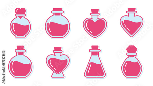 Cute Vector Love Potion Bottles Sticker Set. Cartoon Magical Elixirs and Heart Containers Icons for UI/UX, Fantasy Game Assets, or Romantic Design.
