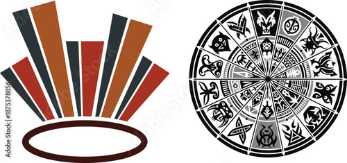 Abstract Graphic Design Elements Collection Featuring an Ornate Circular Pattern and a Dynamic Crown-like Symbol, Ideal for Logos and Decorative Art Projects