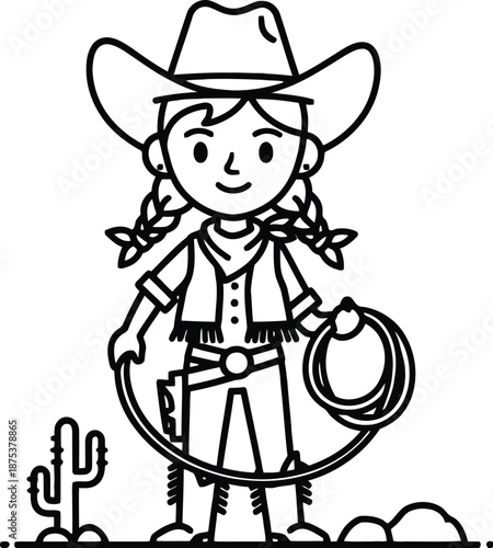 Cowgirl standing with lasso and hat in desert landscape