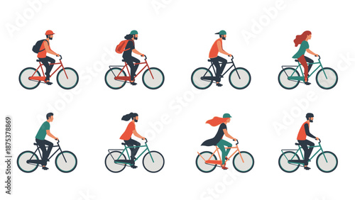 Diverse Cyclists Collection. Vector set of 8 people (men and women) riding bicycles for urban commuting, sport, healthy lifestyle, and recreation, isolated on white.