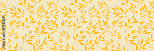 Seamless vector pattern with golden yellow leafy branches on light background, minimalist botanical repeat in warm tones, ideal for fabric, wallpaper, stationery, wrapping
