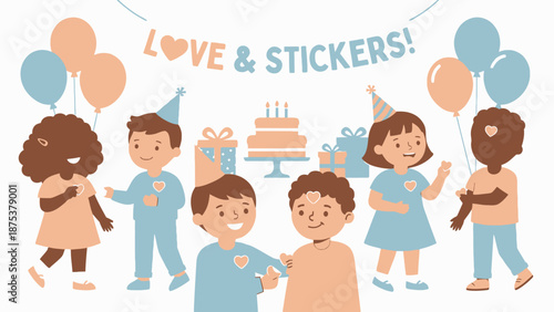Diverse Group of Happy Children at Birthday Party Sharing Heart Stickers. Flat Vector Illustration of Friendship and Celebration.